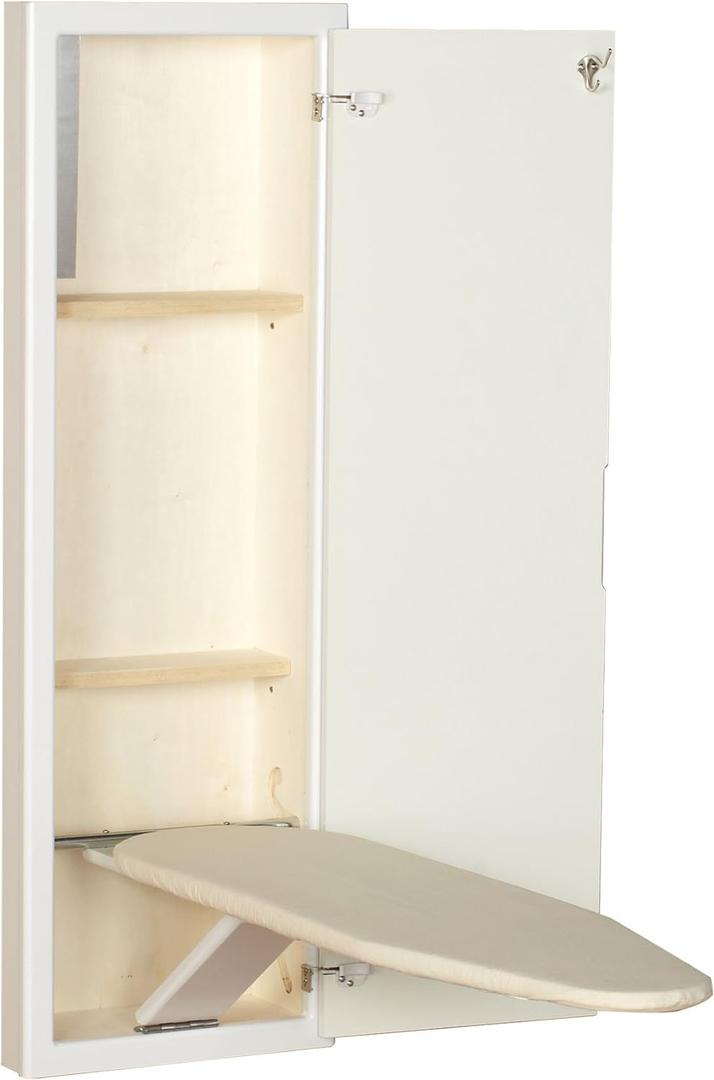 Household Essentials in‑Wall Recessed Ironing Board Cabinet with Storage Shelves, White Finish, 15.75"L x 7.75"W x 47.75"H