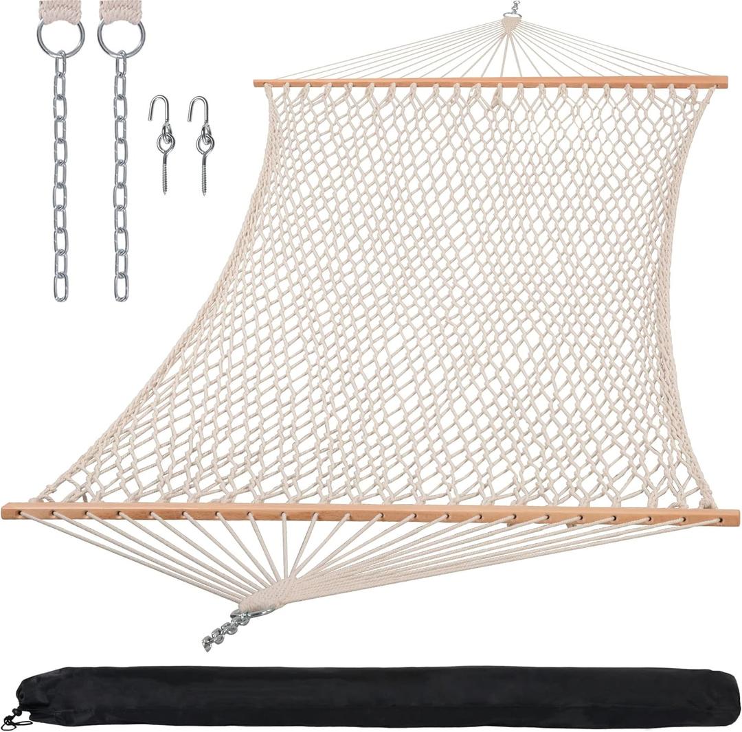 SUNCREAT Hammocks Traditional Rope Double Hammock with Hardwood Spreader Bar and Carrying Bag, 450 lbs Capacity, Natural (Beige)