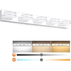 3 Color Temperature Dimmable Bathroom Light Fixtures over Mirror, LED Chrome 5 Light Vanity Lighting Fixtures, Acrylic Stainless Steel Square Shade Vanity Lights for Bathroom, ETL Certificated