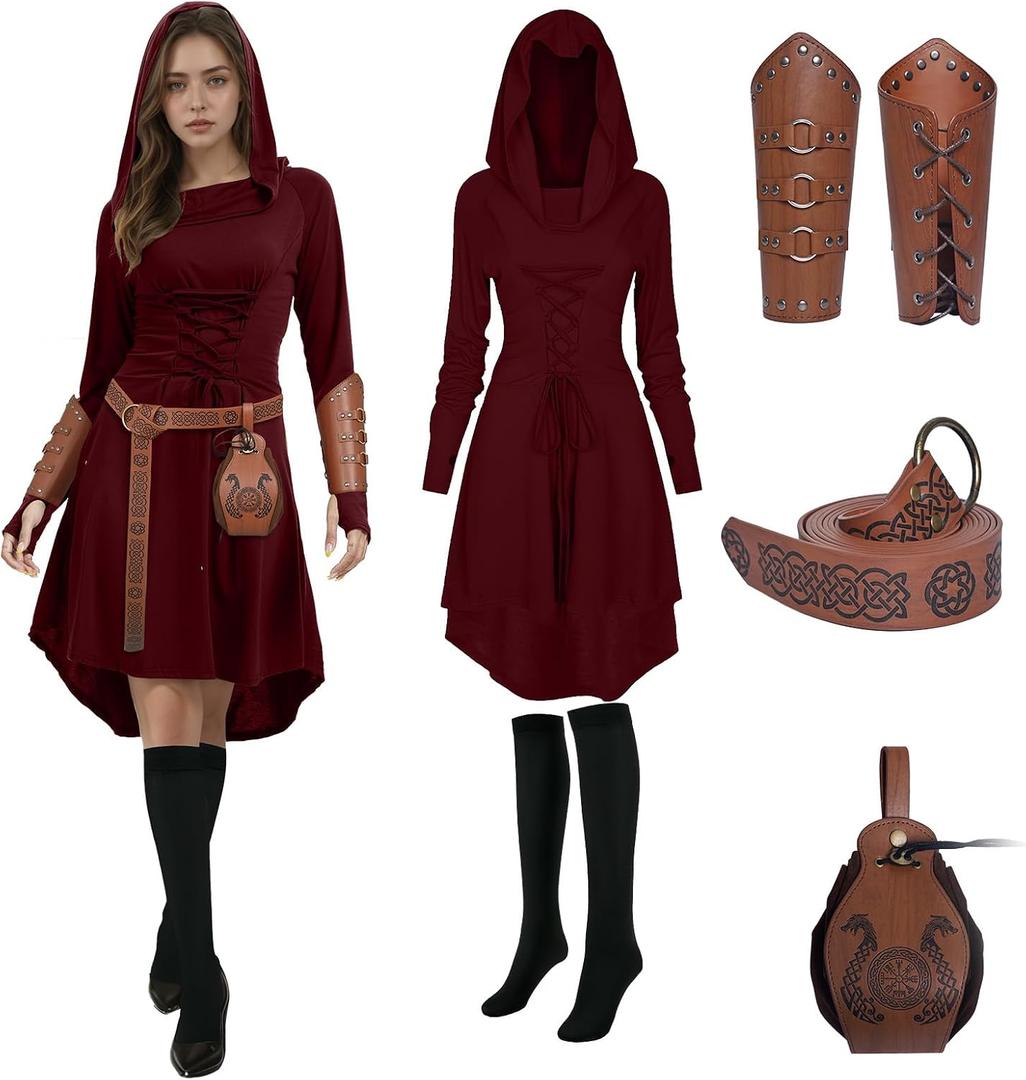 5 Pcs Renaissance Women Costume Medieval Hooded skirt Vintage Arm Guard Printed Belt and Waist bag, Small