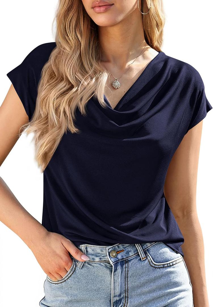 PRETTYGARDEN Womens Tops Dressy Casual Clothing 2026 Summer Cowl Neck Short Sleeve Blouses Spring Business Work Office Shirts (X-Large, Navy Blue)