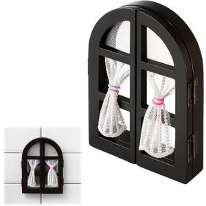 Huquary Fairy Door Outlet Cover, Cute Black Wooden Light Switch Cover with Lace Curtains, Adhesive Fairycore Wall Decor for Nursery Living Room, 7 x 5.1 Inch