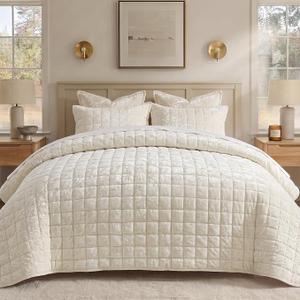 Quilt Set King Size, Luxury Velvet Comforter Bedding
Shiny Cream White, Ultra Soft Oversized Bedspread Coverlet, Lightweight Quilted Bed Set for All Season, with 2 Pillow Shams