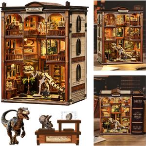 ISSEVE Book Nook Kits for Adults, DIY Booknook Kit Miniature Dollhouse Book Nooks, 3D Wooden Puzzle Model Building Creative Bookshelf Home Decoration Adult Crafts Kits Gift (Dinosaur Fossil Museum)