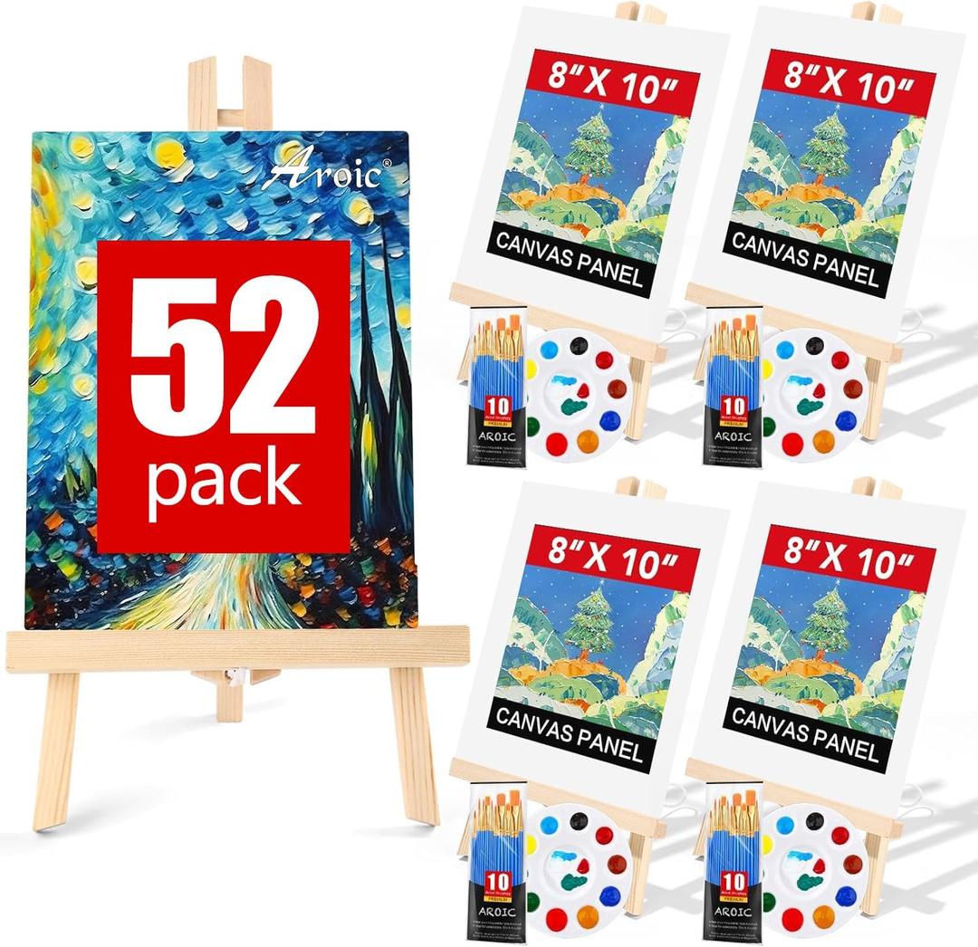 AROIC 52 PCS Canvas and Easel SetPainting Set with Easels, 4 Wood Easels,40 Brushes with Nylon Brush Head,4 Drawing Boardart and 4 Palette, Painting Supplies kit for Adults to Painting Party