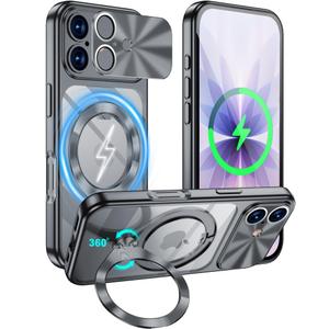 Ougsuico for iPhone 17 Case with Ring Stand Camera Protection Lack Black