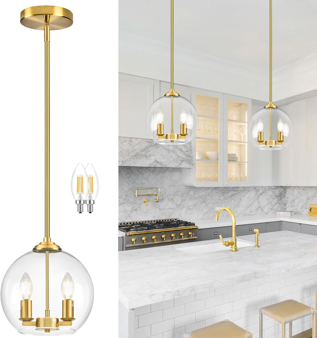 10" Gold Pendant Lights Glass Globe Pendant Light Fixture Bedroom Mid Century Modern Pendant Lighting Brass Pendant Light for Kitchen Island Bedroom Living Room Dinning Room (Bulb Incl.), 1-Pack