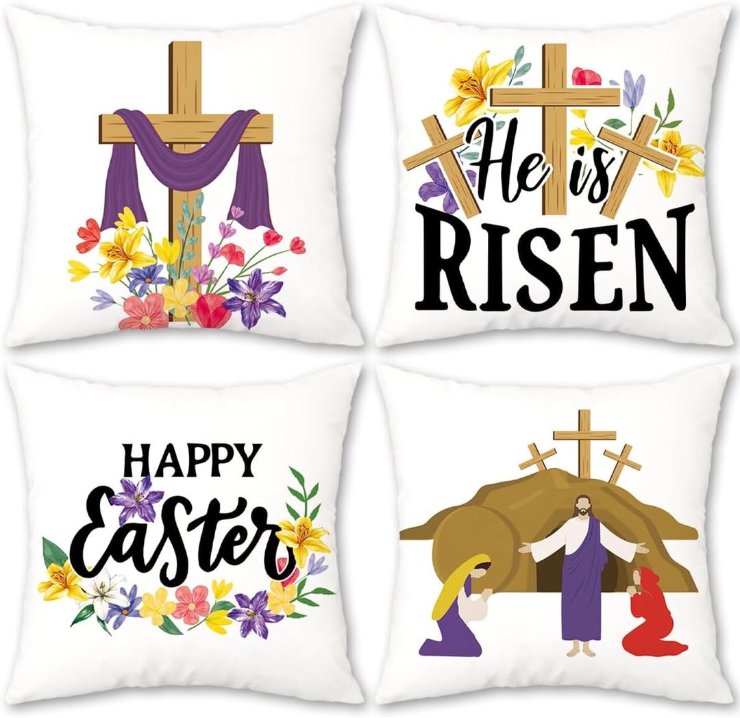 JOJOGOGO He is Risen Easter Decor Throw Pillow Covers 18x18 Set of 4, Religious Easter Decorations Pillow Covers 18 x 18, Christian Home Decor Gifts Purple Throw Pillows for Couch and Bed