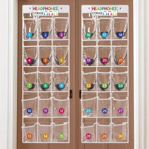 2 Pcs Over The Door Hanging Classroom Headphone Storage Organizer 30 PVC Clear Organizer Holder Pockets with 2 Pcs Headphone Storage Cards with Digital Stickers for Library Door Hanger