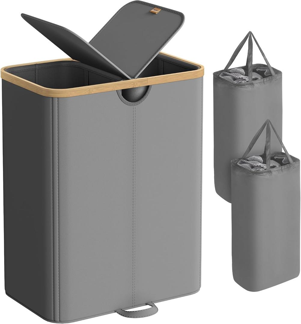 SONGMICS Laundry Hamper with Lids, Laundry Basket with 2 Compartments, 39 Gal. (150 L), Removable Liner Bag, for Laundry Room, Bedroom, Living Room, Slate Gray and Light Bamboo ULCB523G01