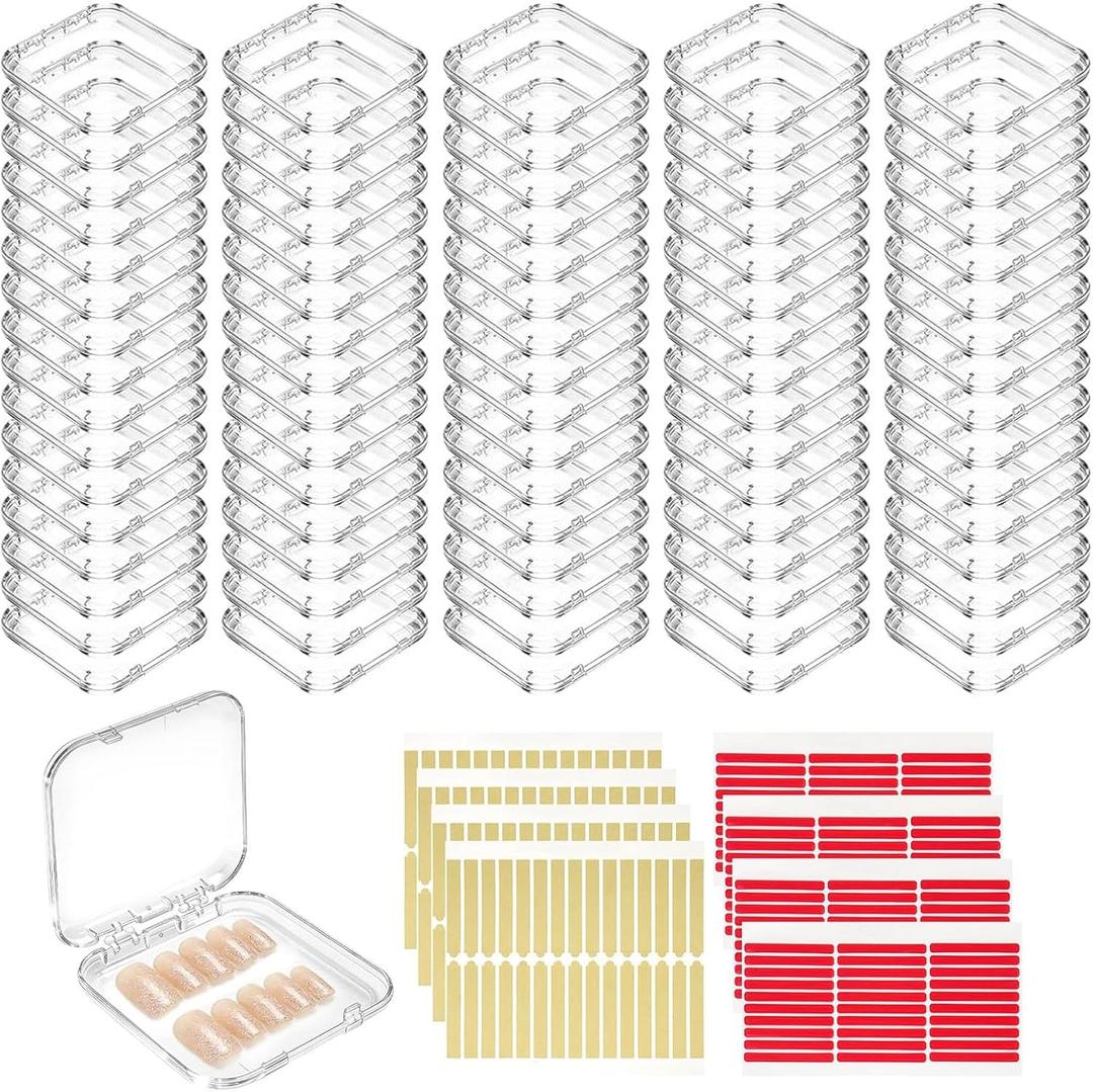 80 Sets Press On Nail Packaging Box with Double Sided Adhesive Tapes, 3x3 Inch Clear Artificial Nail Display Case Reusable Nail Storage Box Organizer for Salon, Technicians, Manicure Enthusiasts