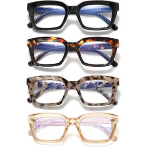 Oversized Reading Glasses for Women, 4 Pack Oprah Style Square Blue Light Blocking Computer Readers for Women