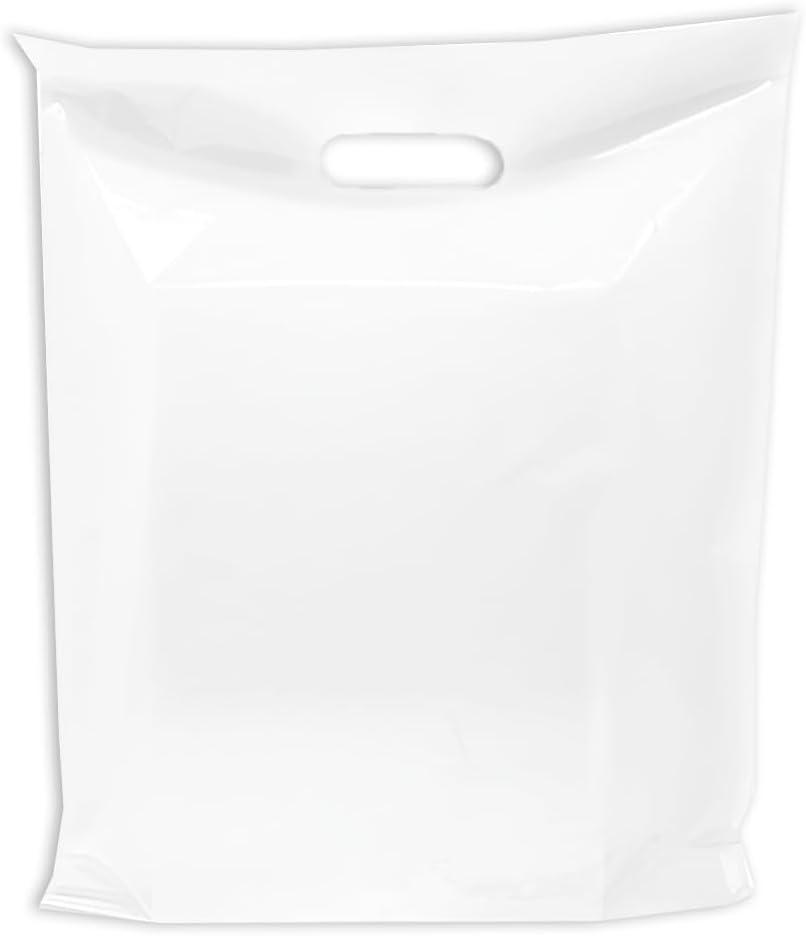 Retail Plastic Merchandise Bags, Die Cut Handles, Strong, Tear Resistent, Packs 100 (100, White, 20x20)