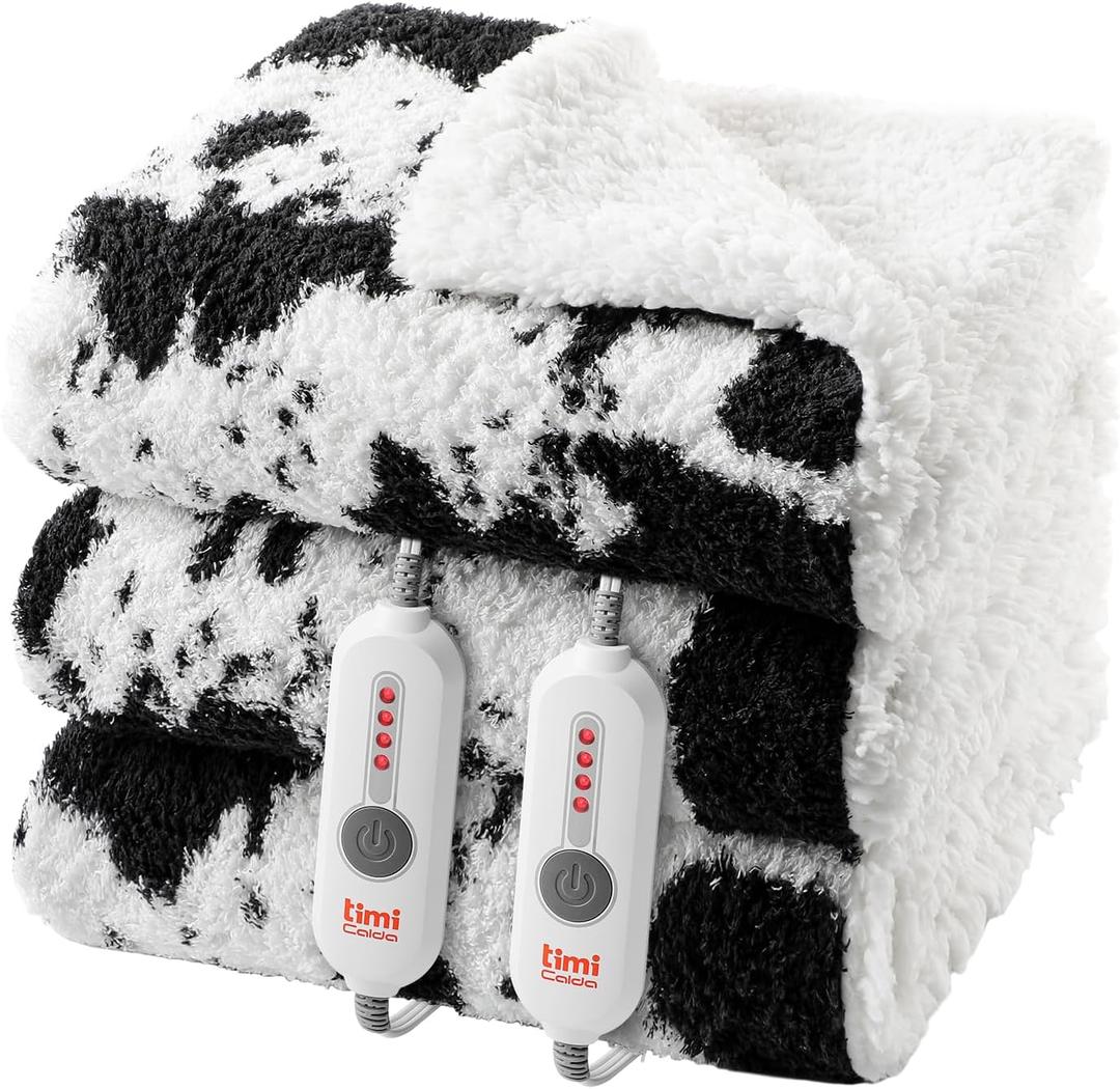 Cow Print Electric Blanket - King Size Cozy Soft Knitted Sherpa Heated Blanket with 4 Heat Levels & 10 Hours Auto-Off, Overheating Protection, Warm Gifts, 100"x90"
