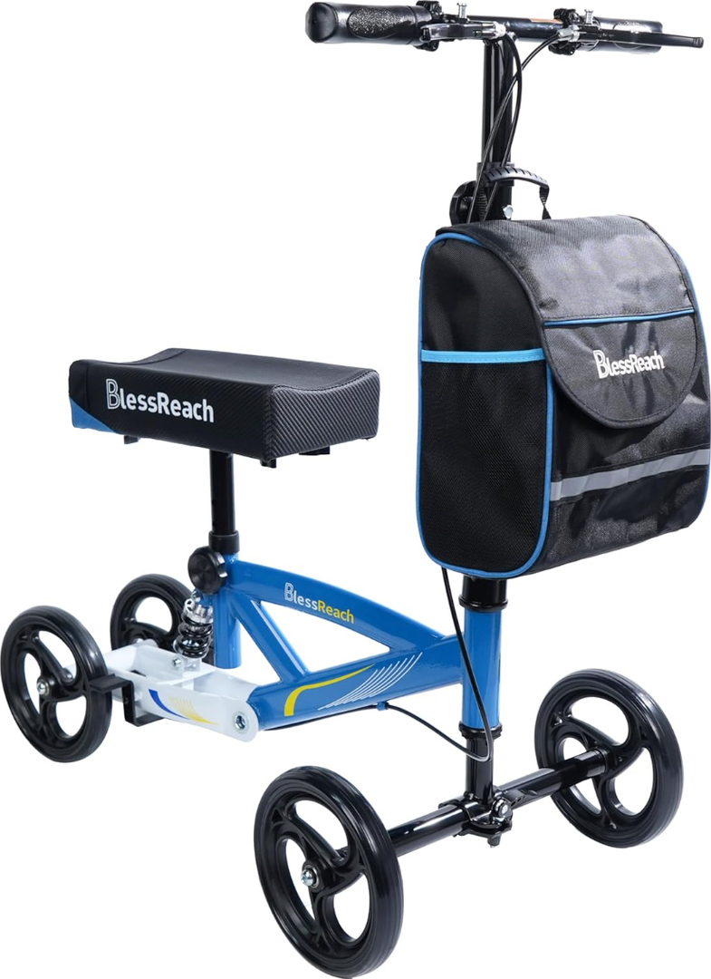 BlessReach

Economy Knee Scooter Steerable Knee Walker for Foot Injuries Compact Crutches with Dual Rear on-Wheel Brake and Shock Absorption Under The Knee pad