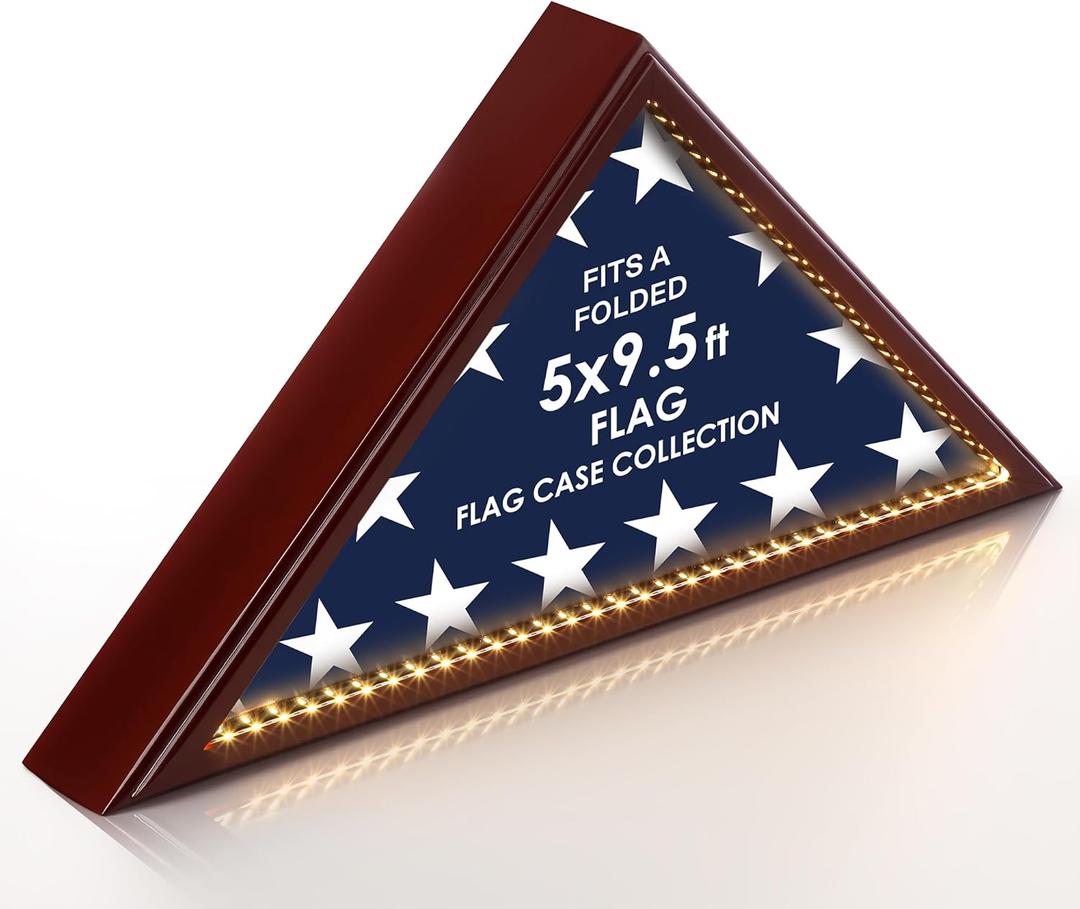 Meonum Flag Case with Lights for Burial Flag, 5 x 9.5 FT American Veteran Flag Display Case Wall Mounted Red Pine Flag Frame, Memorial Flag Box with 90 LEDs for Honoring Military Service Glass Front