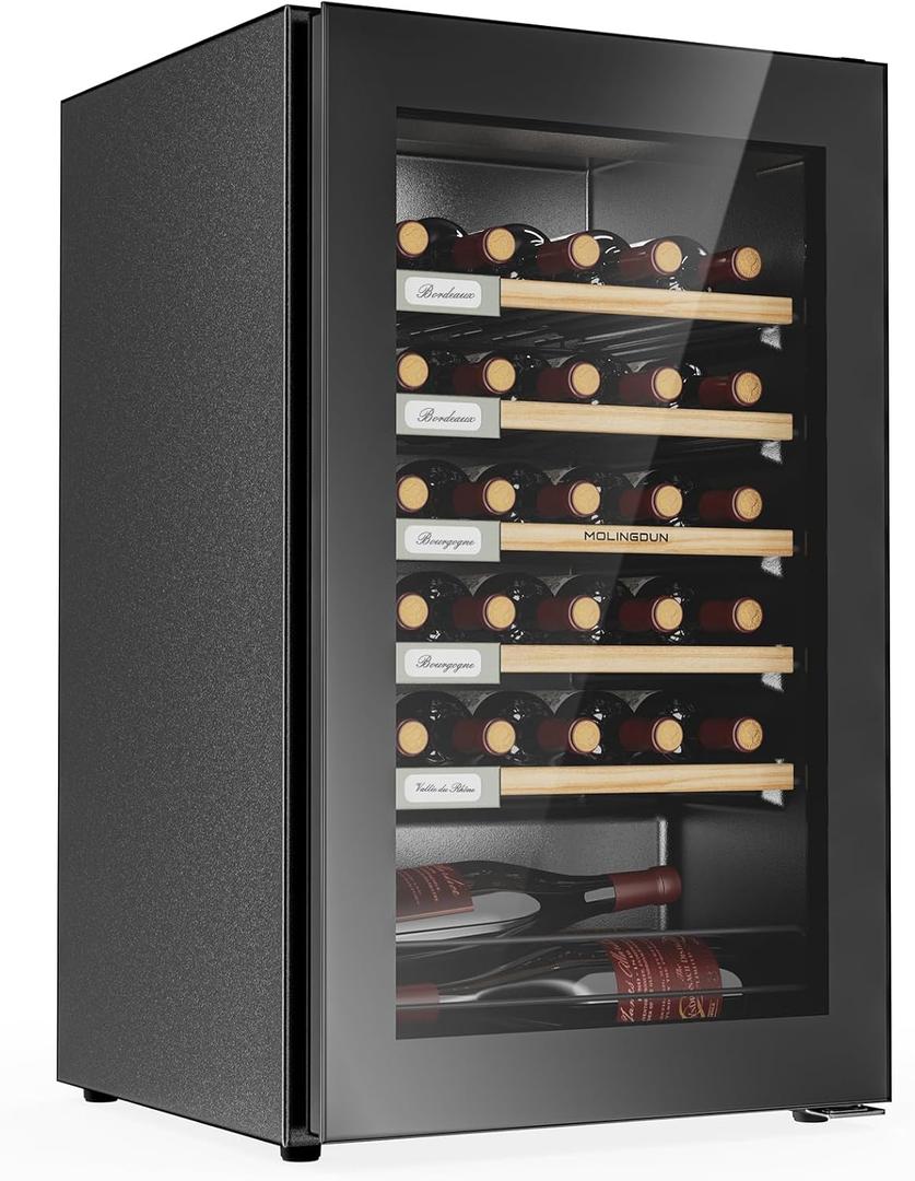 MOLINGDUN Wine Fridge, 33 Bottles Freestanding Wine Cooler, Intelligent Compressor, Frost Free, Glass Door, 41-64 Adjustable Digital Temperature Control, for Red, White, Champagne or Sparkling Wine (Black)
