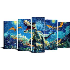 YeiLnm Dinosaur Picture foy Boy Bedroom Van Gogh Dino Artwork Starry Sky Canvas Nursery Kids Decor