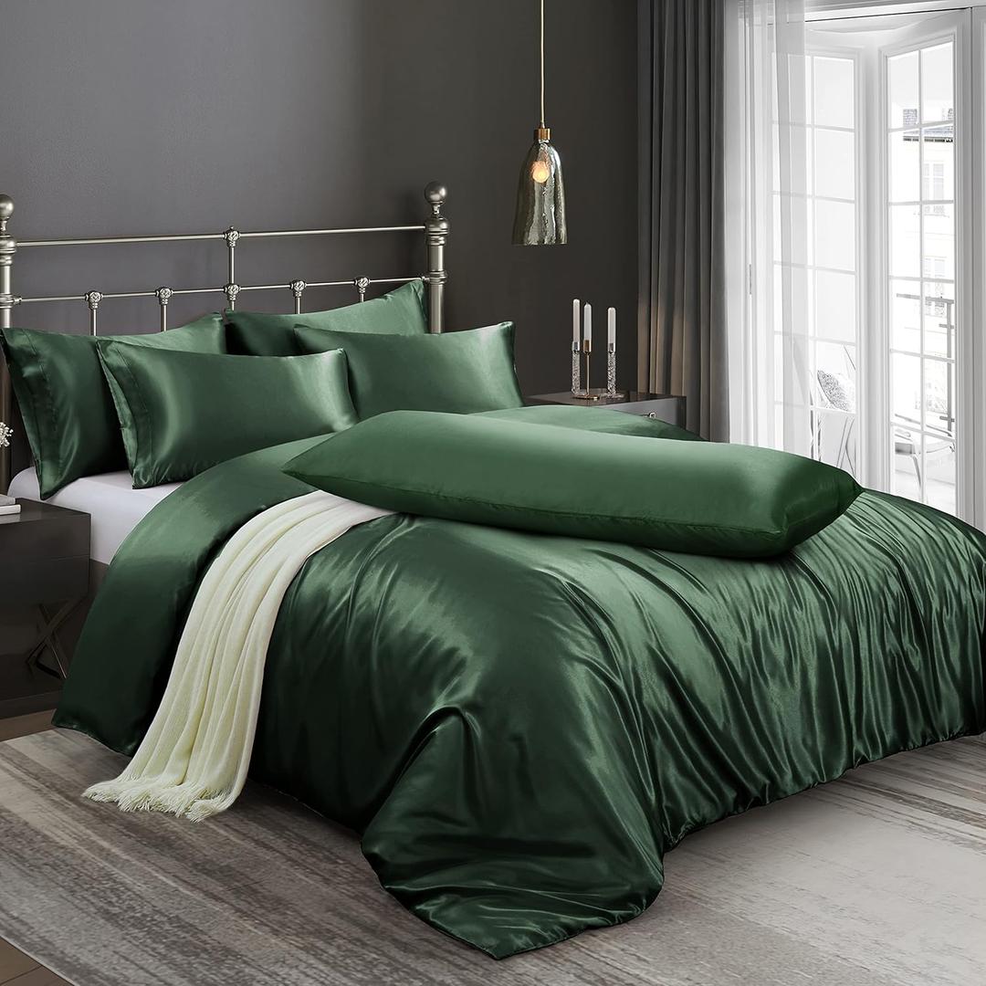Ersmak 6 Pieces Satin Duvet Cover King Size Luxury Silky Bedding Duvet Cover Set with 1 Soft Duvet Cover, 4 King Pillowcases and 1 Body Pillowcase, Emerald Green