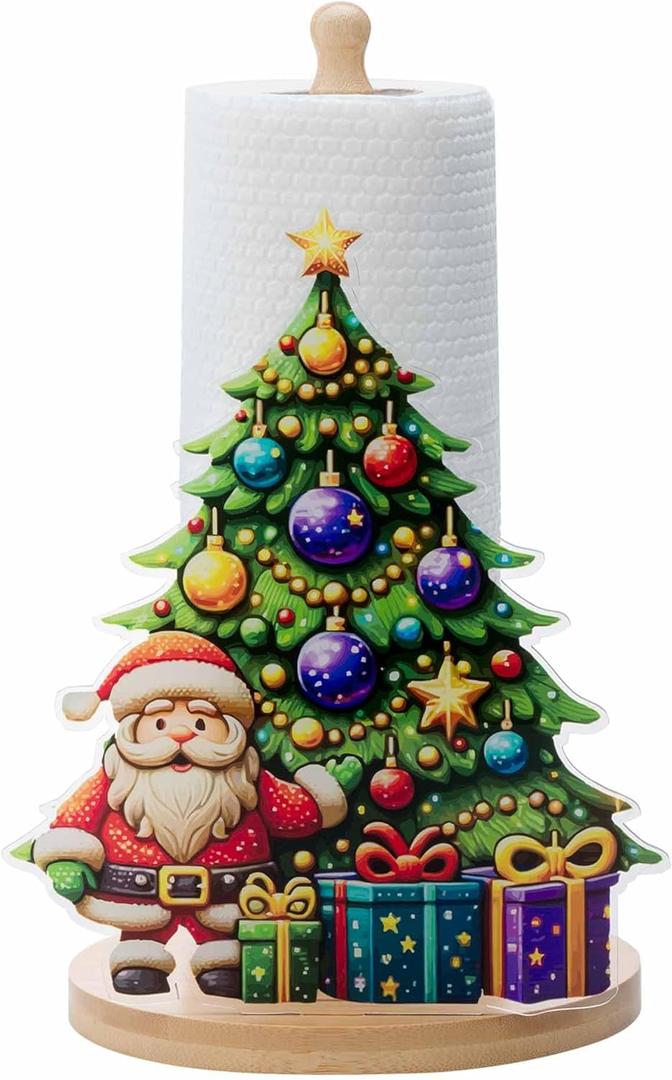 Christmas Paper Towel Holder - Wooden Countertop Dispenser with Acrylic Christmas Tree Design, Festive Holiday Kitchen Decor and Paper Towel Organizer