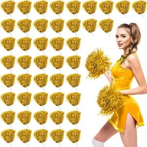 60 Pcs Cheerleading Pom Poms Metallic Foil Cheer Pompoms Bulk with Plastic Handle Cheering Costume Accessory for Football Basketball Cheering Squad Team Spirit Dance Sport Stage Performance (Gold)