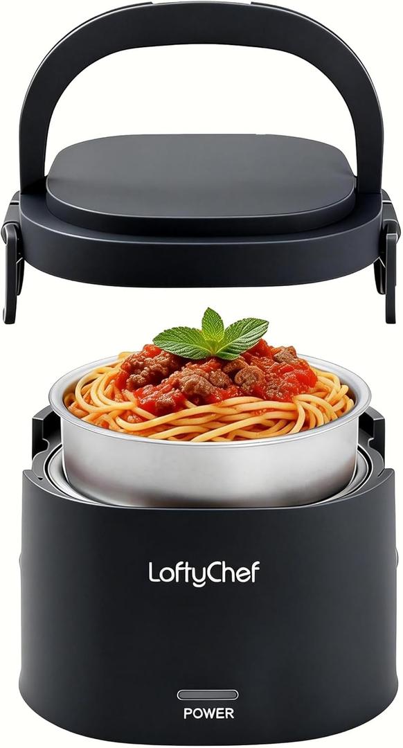 Portable 20-Ounce Electric Heated Lunch Box, 2.5-Cup Food Warmer for Travel & Office, Leak-Proof Silicone-Sealed Lid, Foldable Handle, Ideal for Soup, Chili & Leftovers, Black