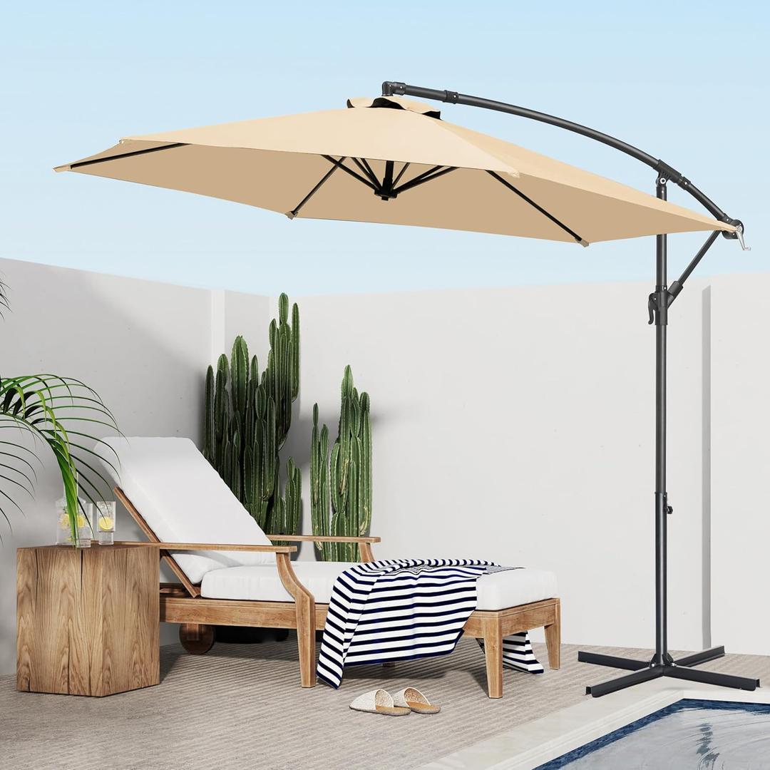 FRUITEAM Offset Patio Umbrella, 10 FT Heavy Duty Cantilever Outdoor Umbrella with High-Strength Frame & Infinite Tilt, All-Weather UV Protection Sun Shade for Poolside, Garden, Backyard (Beige)