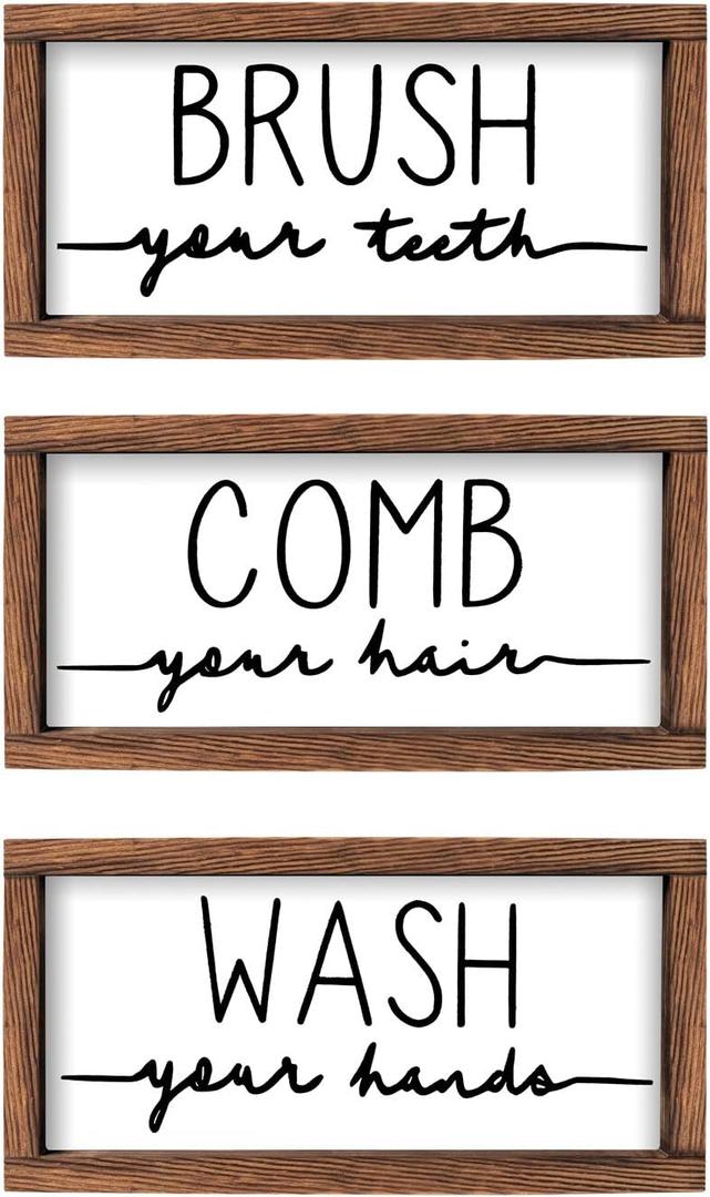 LIBWYS Bathroom Sign & Plaque (Set of 3) Wash Your Hands Brush Your Teeth Comb Your Hair Decorative Rustic Wood Farmhouse Bathroom Wall Decor (White)
