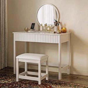 ChooChoo 40 Inch Modern Desk with Drawers, Makeup Vanity Desk with Padded Stool, Small Home Office Desk for Bedroom, White, 39.37in