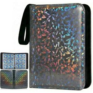 9-Pocket Trading Card Binder with 50 Sleeves, Fits Up to 900 Cards, Unique Shimmering Glitter PU Leather Cover, Large Capacity 3-Ring Zipper Collector Album for TCG, Sports Cards-Sparkly Black, Standard