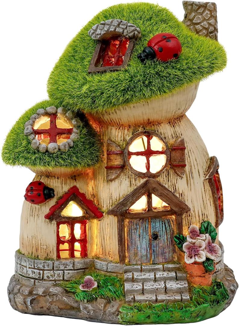 TERESA'S COLLECTIONS Mushroom Garden Statues with Outdoor Solar Light for Garden Decor, Green Flocked Decorations Resin Fairy House Accessories, Outdoor Decor Yard Gifts for Mom Women (Medium)