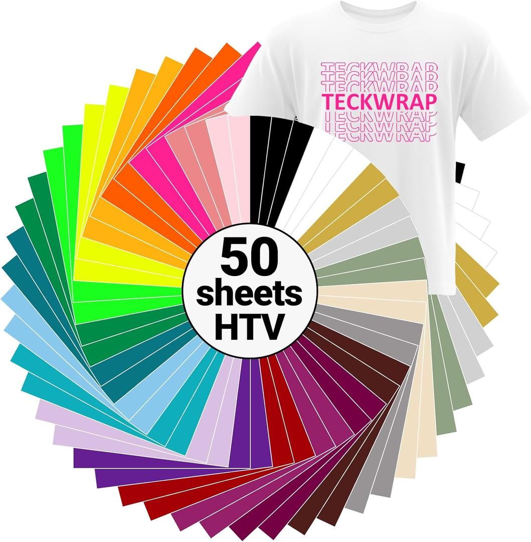 TECKWRAP HTV Heat Transfer Vinyl Bundle: 50 Pack 12"x10" PU Iron On Vinyl Sheets, 24 Assorted Colors for T-Shirts. Compatible with All Cutters & Heat Press Machines. Easy to Cut & Weed