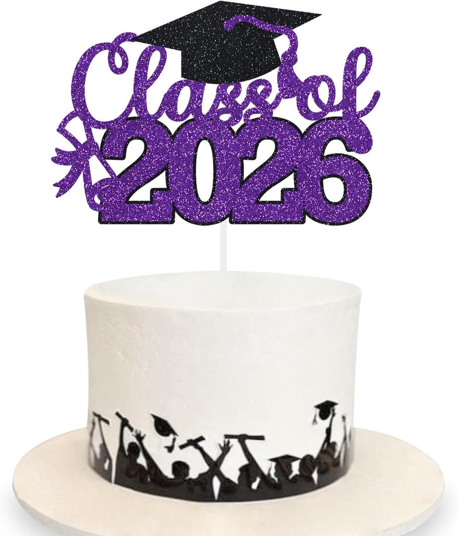 Graduation Cake Topper 2026 Grad Party Decoration Glitter Cap Diploma Food Picks Table Ideas Purple