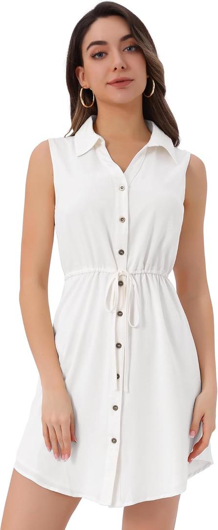Allegra K Women's Chambray Dress Sleeveless Button Down Jean Denim Shirt Dresses (White, L)