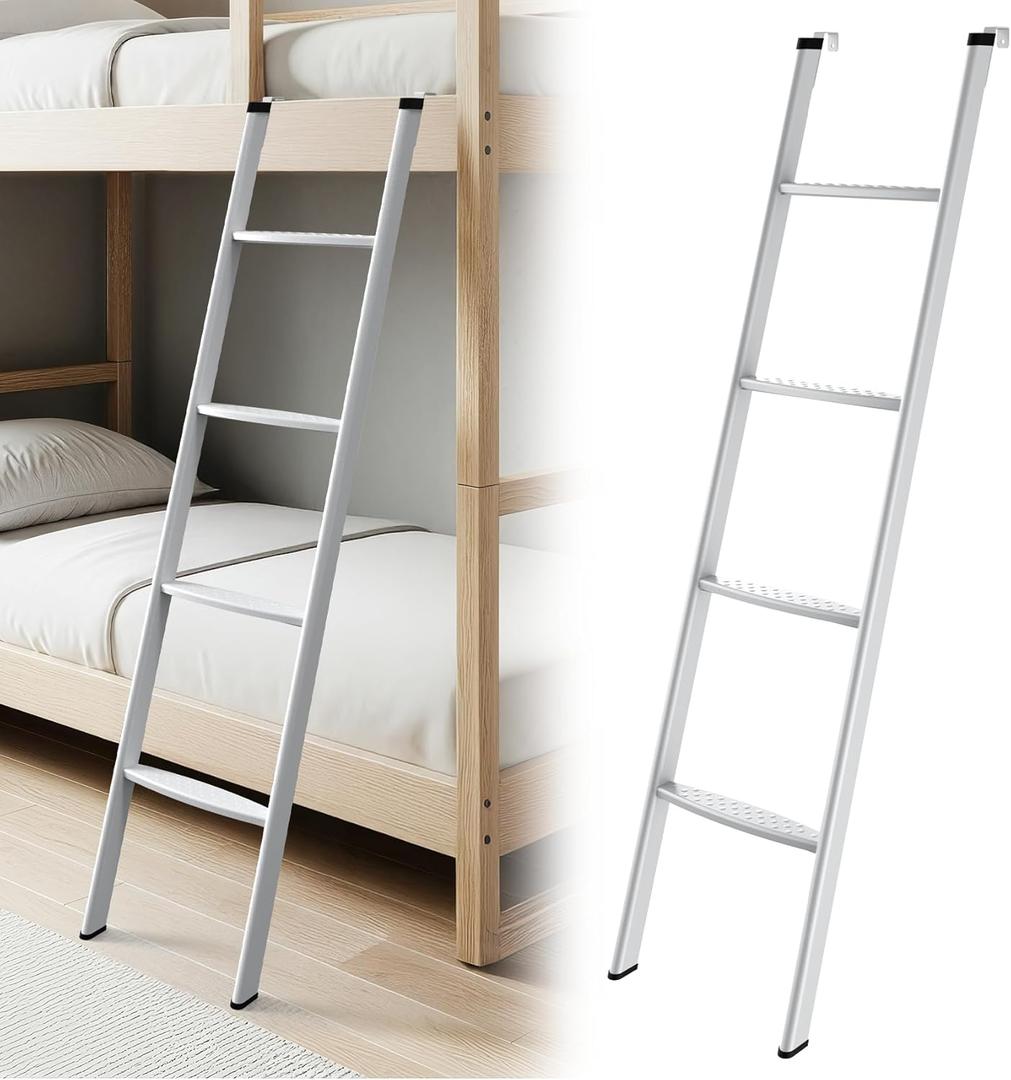 JY PERFORMANCE RV Bunk Bed Ladder, 55 Inch Anti-Slip Aluminum Bunk Ladder, Heavy Duty 330 lbs Max Capacity, Extra Wide Foot Steps, Integrated Hooks for Camper Motorhome Trailer, White