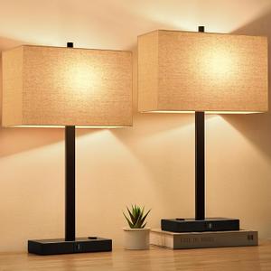 21" Set of 2 Touch Control Table Lamps with 2 USB & AC Outlets, 3-Way Dimmable Modern Nightstand Lamps for Bedroom Living Room Office Reading, White Shade Bedside Lamps, 5000K LED Bulbs Included. Color:  (2 Pack)-Beige Linen & Matte Black(Base)-2700K