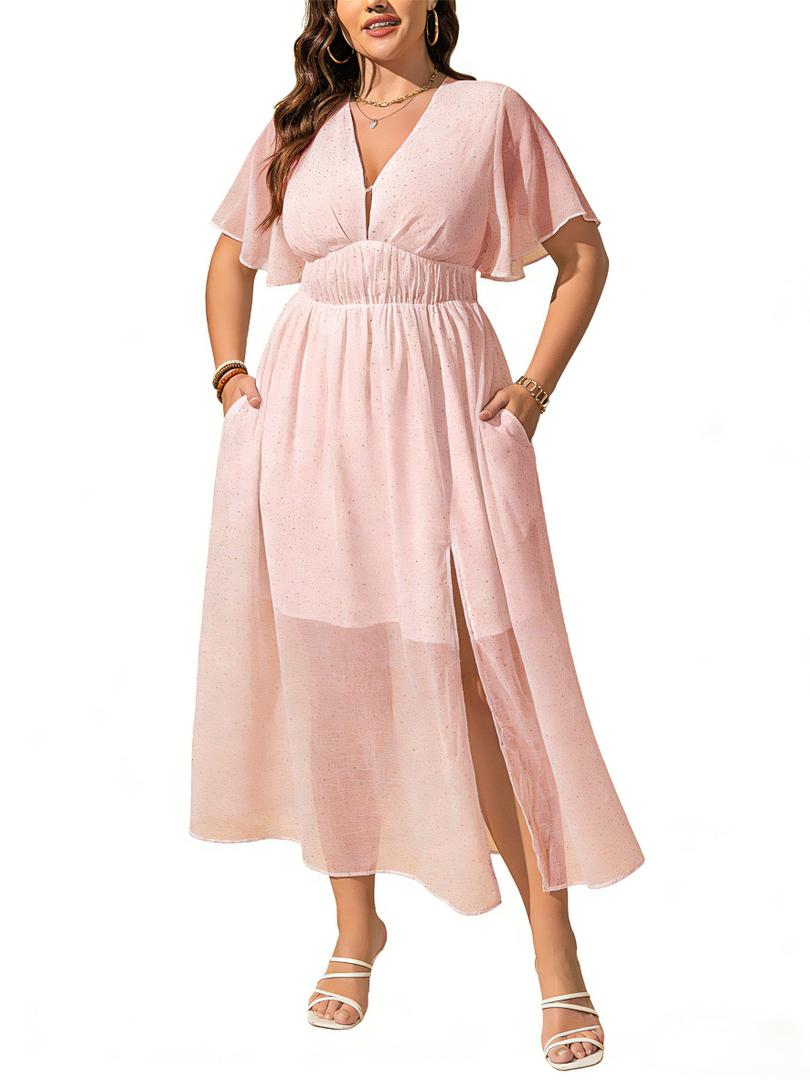 EYWOL Plus Size Pink Wedding Guest Dress: Long Light Pink Dress - Cocktail Dresses for Women Wedding Guest - Plus Size Summer Cocktail Dresses for Curvy Women (Pink, XL)