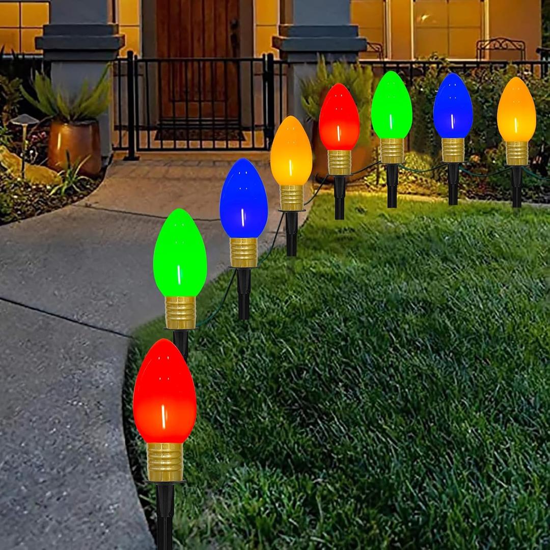Jumbo C9 Christmas Pathway Lights Outdoor, 14Ft Outdoor Xmas Decorations Stakes Lights with 8 LED Jumbo Multicolor Bulb Christmas Walkway Lights for Outside Lawn Yard Garden Sidewalk Holiday