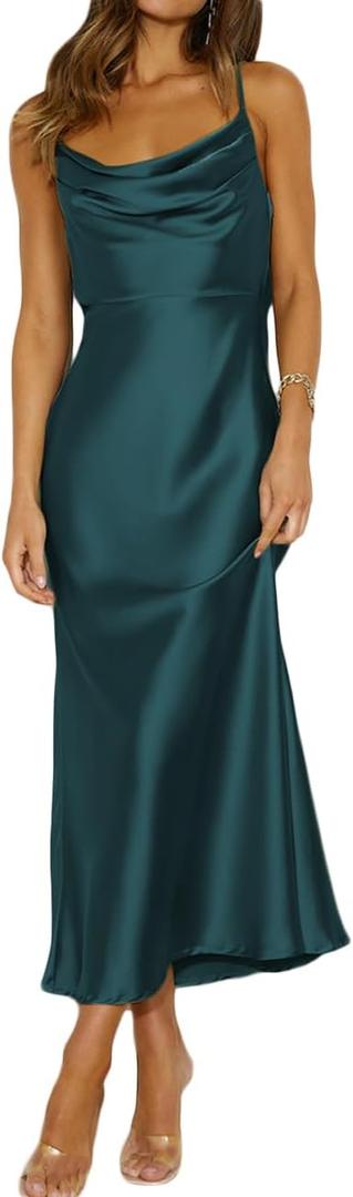 Summer Satin Spaghetti Strap Cowl Neck Backless Midi Dresses for Women Elegant Tie Low Back Ruched Cocktail Dress (Large, Deep Green)