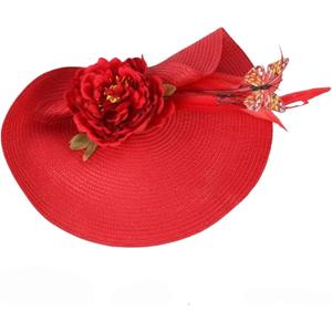 Fascinator Elegant Hat for Women Cute Flower Headpiece Large Brim Wedding Tea Party Church Fancy Floral Butterfly Headwear (Red)