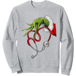 Nurse Christmas Stethoscope Hand Santa Sleeve Humor Sweatshirt, Medium Gray