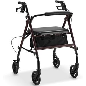 Rollator Walker with Seat, Foldable Rolling Medical Walker with 6" Wheels, Aluminum Frame Supports Up to 300 lbs