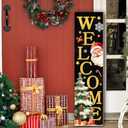 Christmas Wooden Porch Sign 31.5" Santa Welcome Porch Sign with Stars, Snowflakes, and Gift Accents for Home Front Door Yard Party Decor