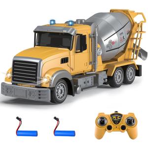 Fistone RC Cement Mixer Toy, 6 Channel Truck with Lights, 1:24 Electric 360 Degree Stirring Vehicle, Rechargeable Construction Truck for Kids