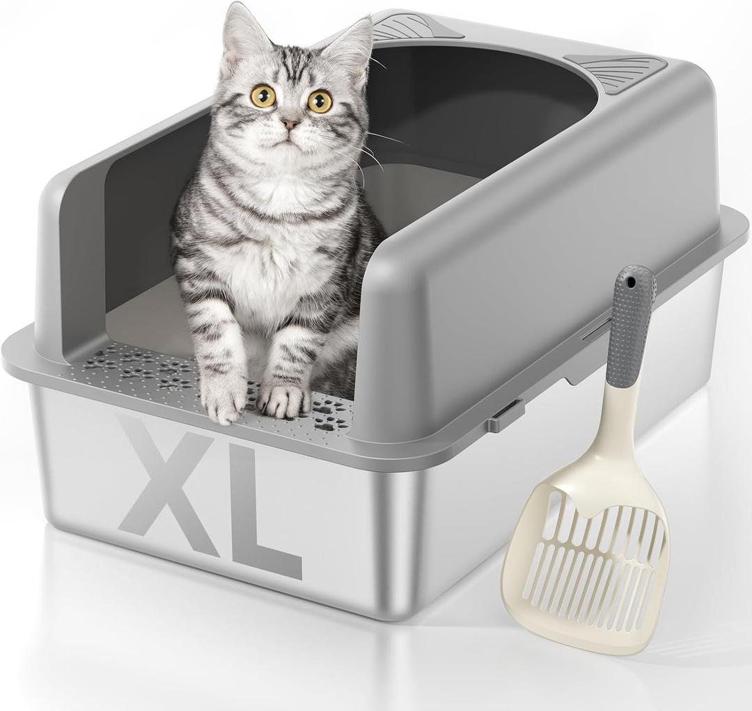 Stainless Steel Cat Litter Box, Extra Large High Sided Litter Boxs for Big Cats, XL Metal Litter Box with Lid, Non Stick, No Smell, Easy to Clean, Included Scoop