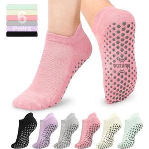 Muezna 6 Pairs Pilates Grip Socks for Women, Non Slip Yoga Socks with Grips, Grippy Socks for Barre, and Hospital (Medium, 6 Pairs-black/Beige/Pink/Green/Purple/Grey)