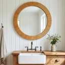24" Round Rattan Mirror for Bathroom, Decorative Boho Circle Wall Mirror, Farmhouse Wooden Framed Woven Wicker Mirror for Entryway Living Room Nursery Bedroom Fireplace Nature