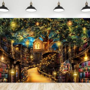 Riyidecor Fantasy Library Backdrop Polyester Fabric Magic Bookshelf Mysterious Tree 7Wx5H Feet Aesthetic Vintage Witchy Fairytale Book for Men Women Photography Background Birthday Photo Studio Shoot