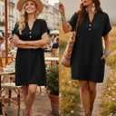 kipfall Summer Dresses for Women 2026 Button Down V Neck Sundress Vacation Beach Coverup Dress Trendy Basic Outfits (Black, L)