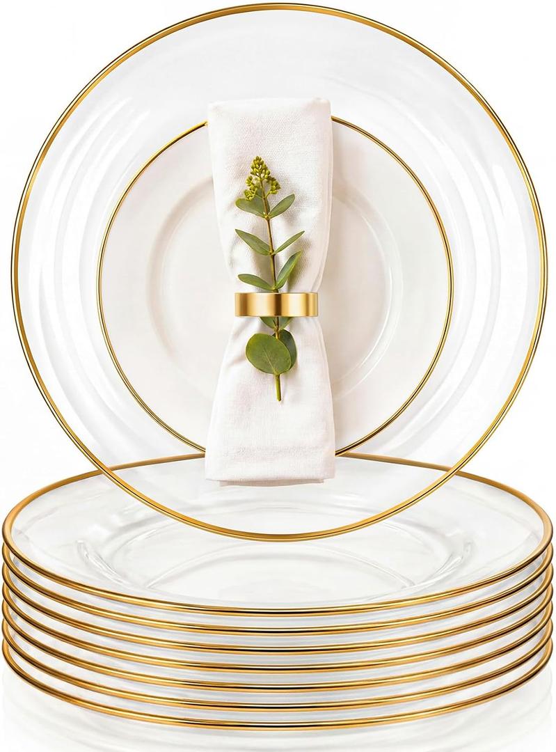 Havawish 8 Pcs 13 Inch Clear Glass Charger Plates with Gold Edge